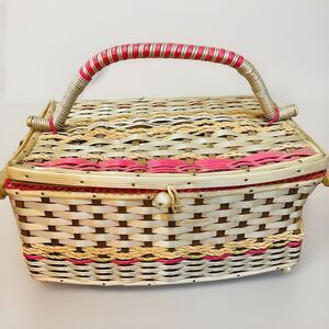 Vintage Sewing Basket Red Cream Gold Pearl Feet Wrapped Handle Pink Inside Large